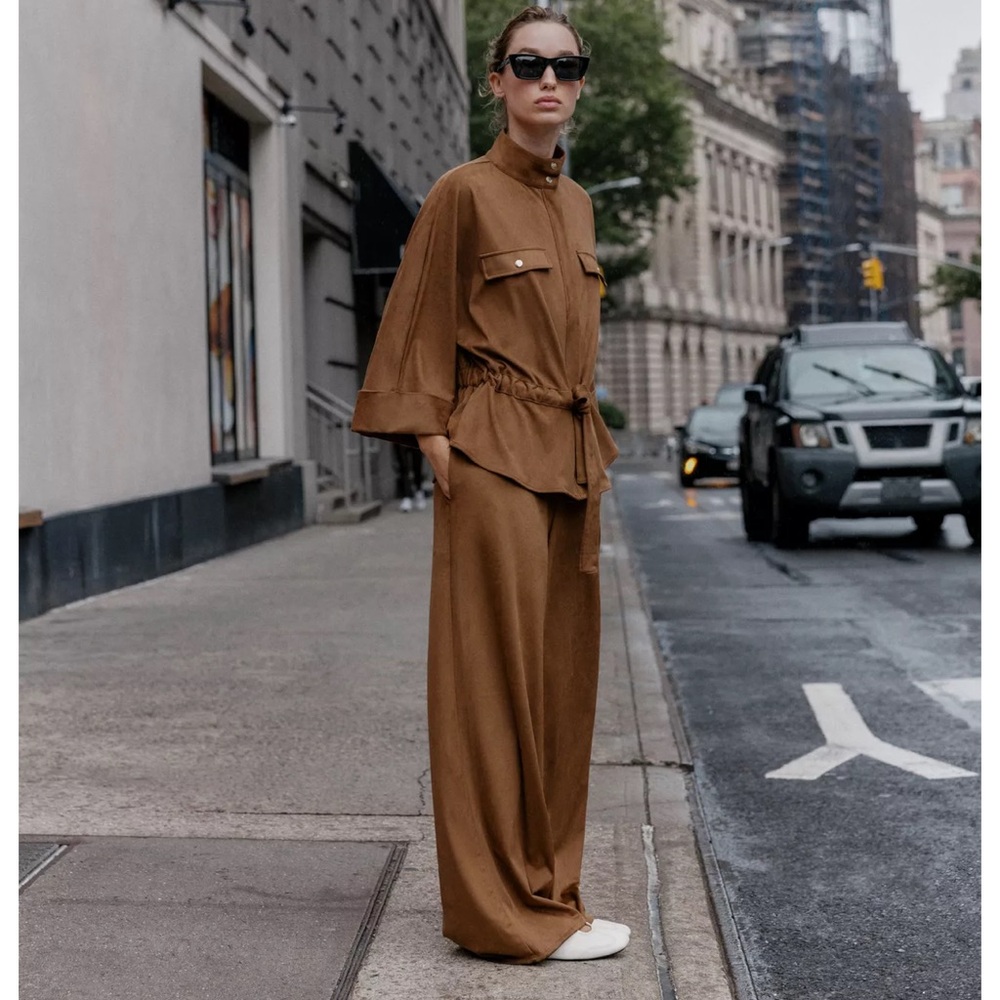 Zara Faux Suede Wide Leg Pants and Faux Suede Safari Shirt set in light brown